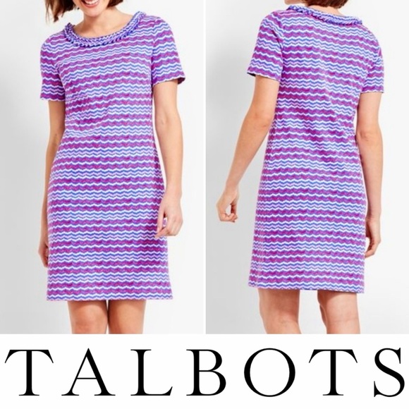 TALBOTS JERSEY KNIT RUFFLED NECK DRESS. PINK & PURPLE ZIG ZAG STRIPES. LIKE NEW - Picture 1 of 10